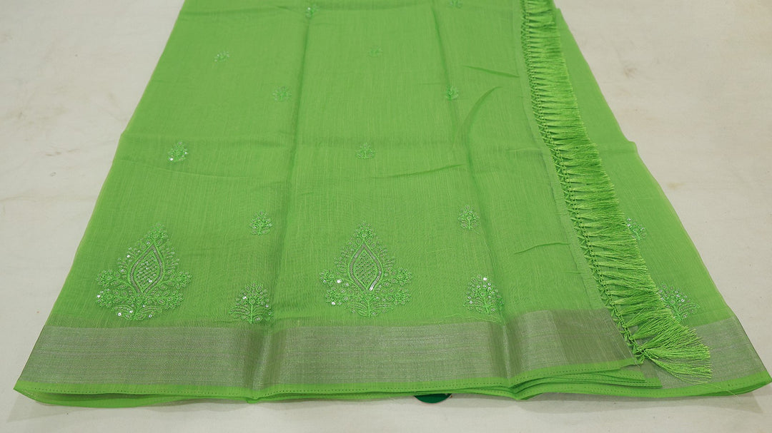 Classic Cotton Saree With Silver Zari Border With Sequins Embroidery