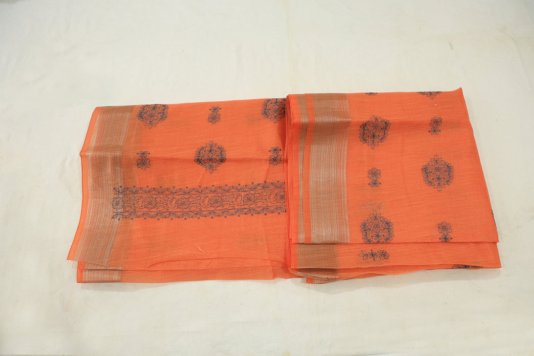 Sunny Bliss Cotton Saree With Silver Zari Border With Blue Thread Embroidery Design