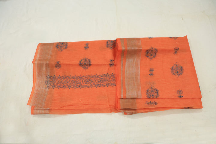 Sunny Bliss Cotton Saree With Silver Zari Border With Blue Thread Embroidery Design