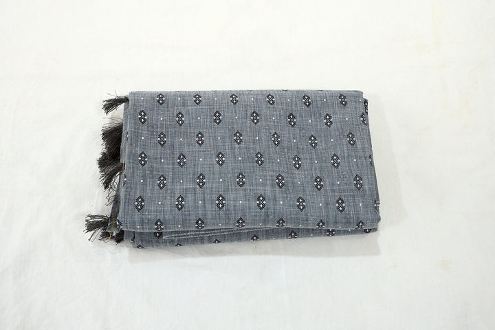 Linen Grey Cotton Saree With Silver Zari Border, Black And White Buttas With Running Blouse