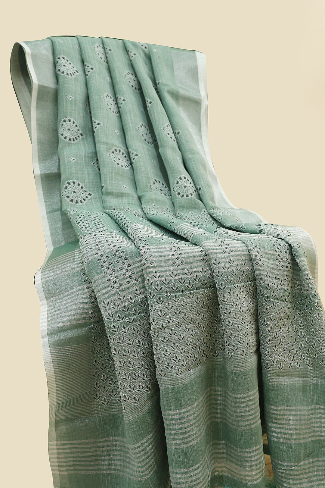 Olive Green Cotton Saree With Silver Zari Border And Leafy Whispers With Running Blouse