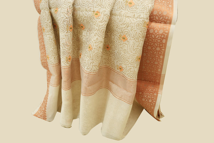 Beige Cotton Saree With Copper Zari Border And Intricate Floral Embroidery