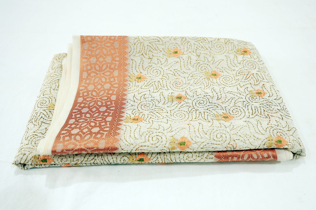 Beige Cotton Saree With Copper Zari Border And Intricate Floral Embroidery