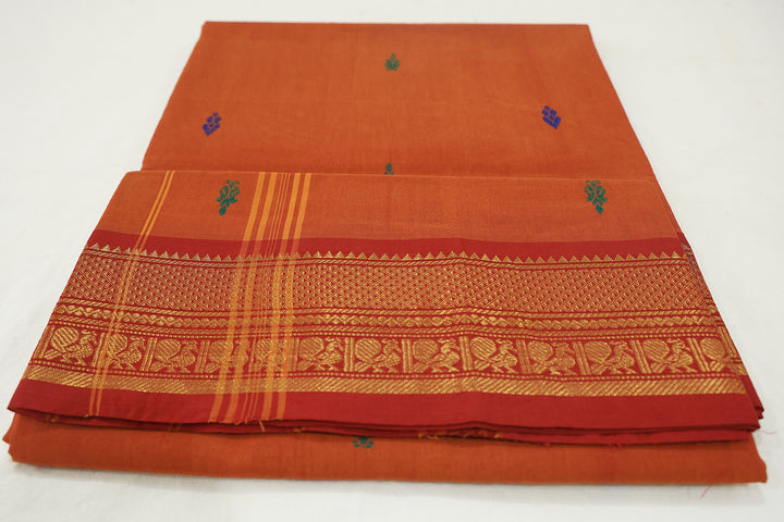 Rusty Orange Saree With Red Border, Peacock Zari Embellishments And Floral Whispers