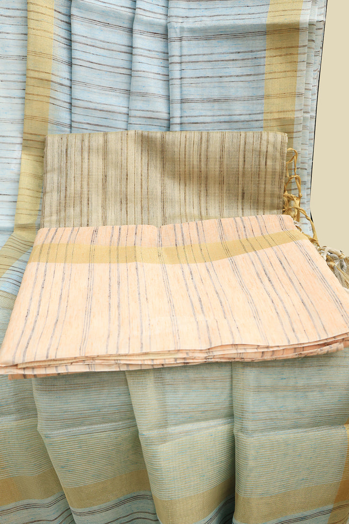 Tissue Silk Saree With Gold Zari Border And Artful Patterned Lines