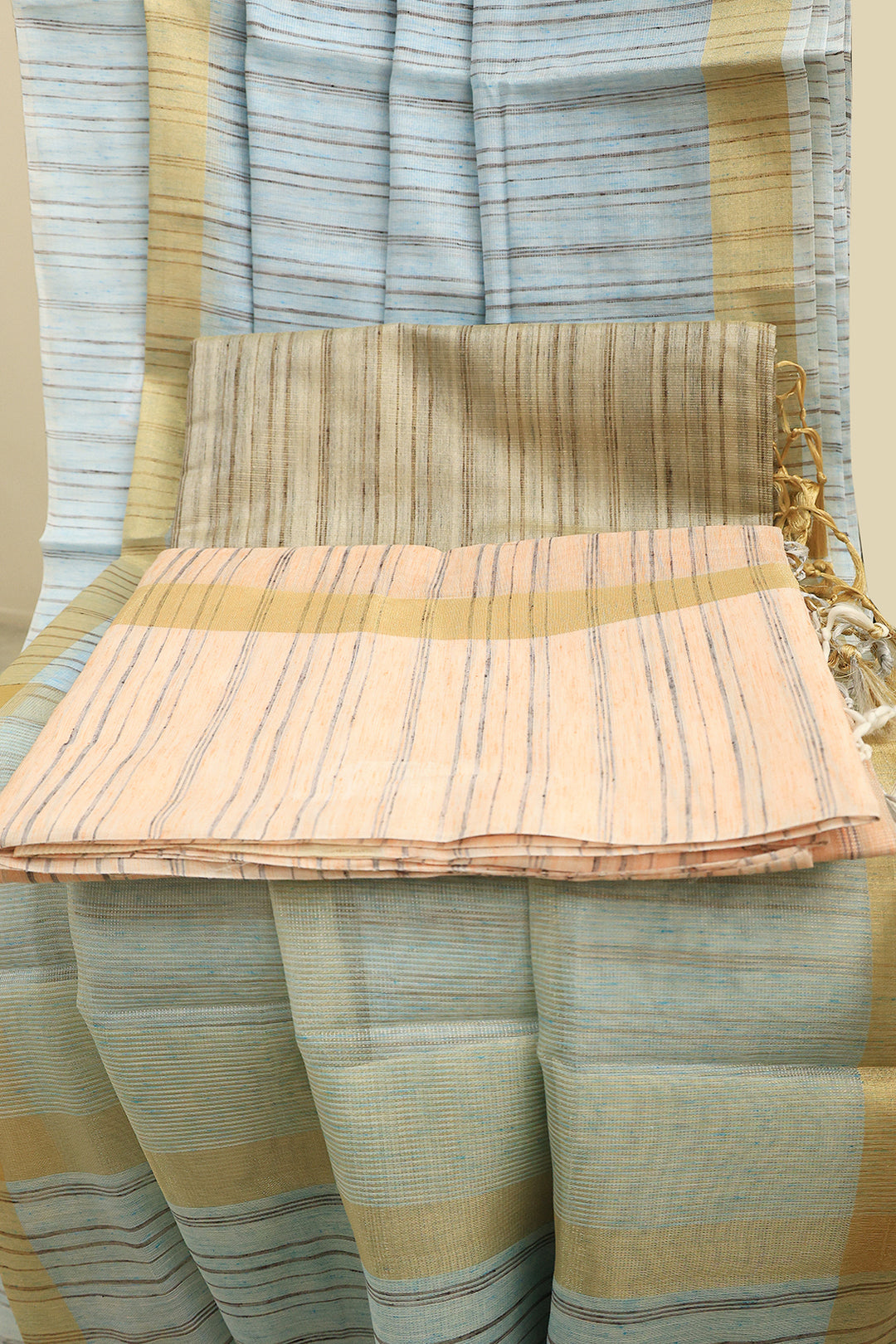 Tissue Silk Saree With Gold Zari Border And Artful Patterned Lines