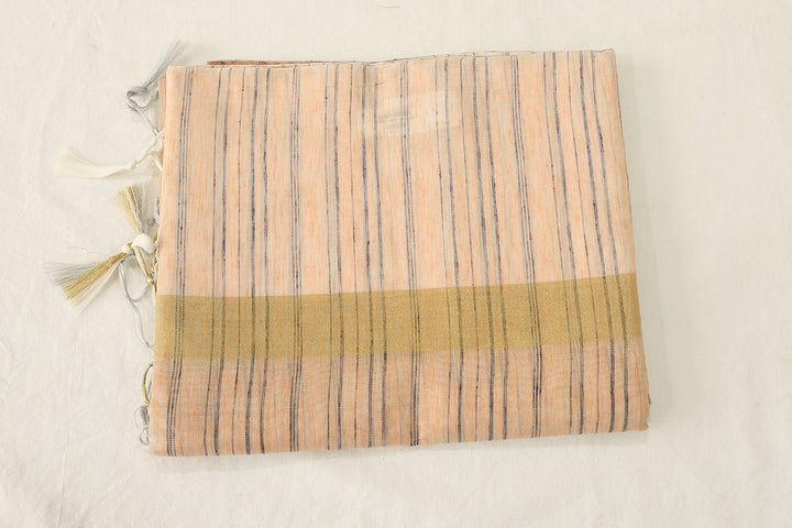 Tissue Silk Saree With Gold Zari Border And Artful Patterned Lines