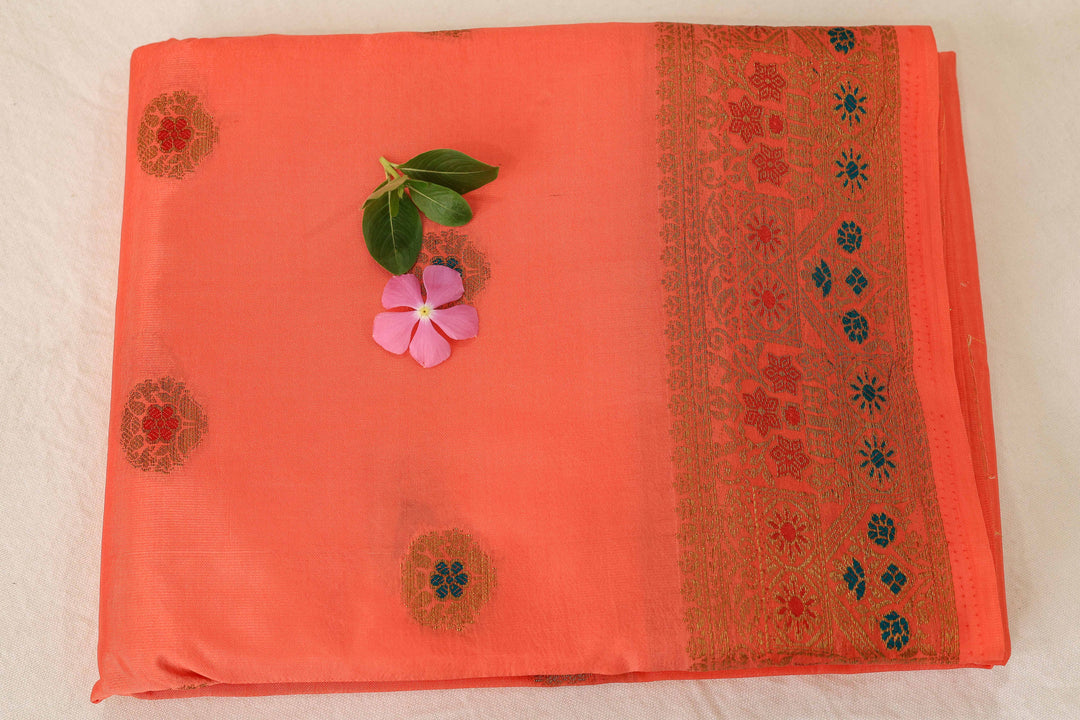 Soft Silk Saree With Gold Zari Floral Border, Artistic Buttas And Running Blouse