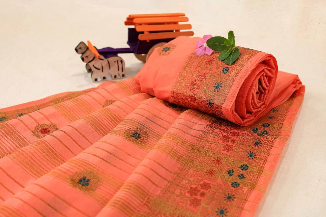 Soft Silk Saree With Gold Zari Floral Border, Artistic Buttas And Running Blouse