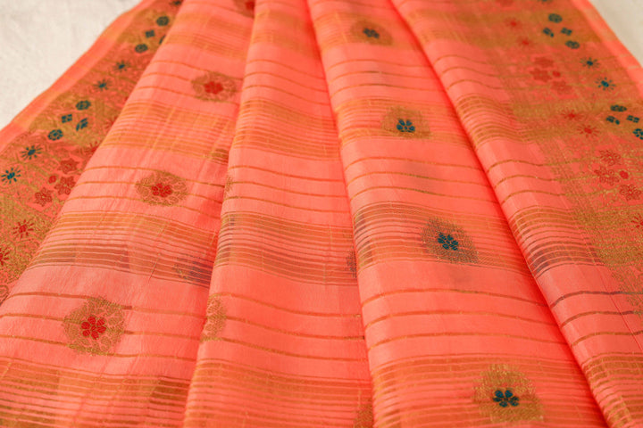 Soft Silk Saree With Gold Zari Floral Border, Artistic Buttas And Running Blouse