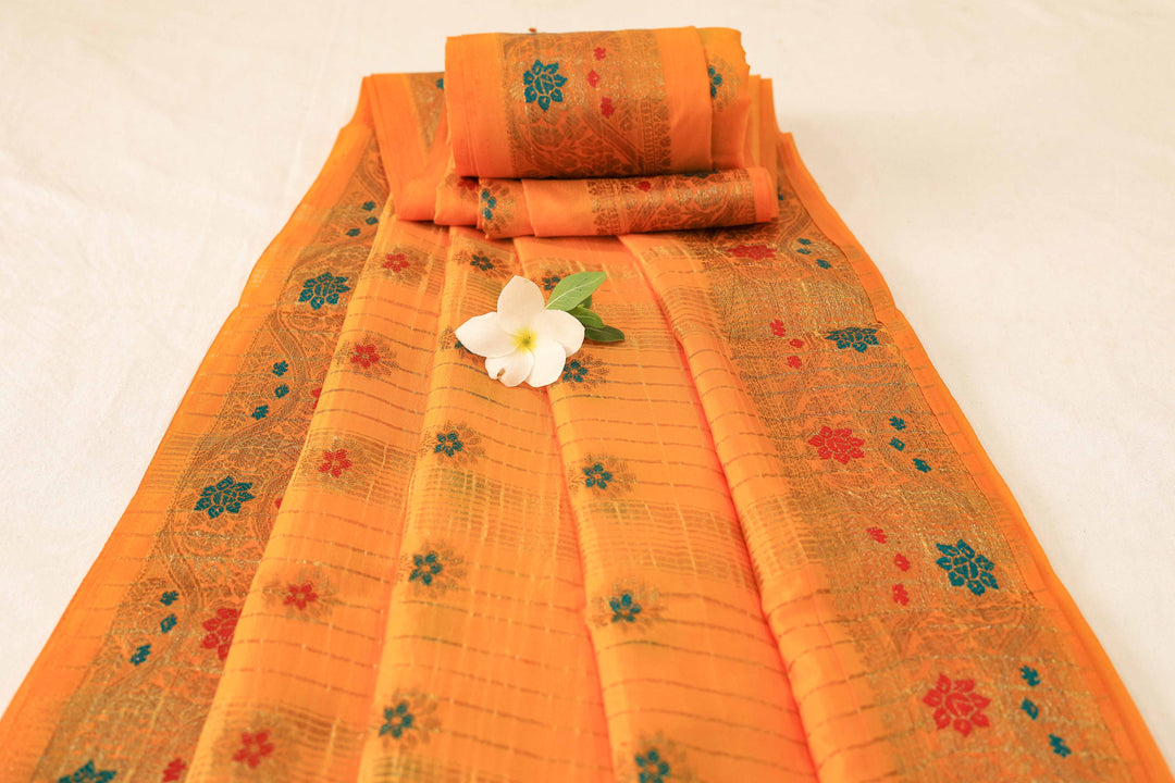 Soft Silk Saree With Gold Zari Floral Border, Artistic Buttas And Running Blouse