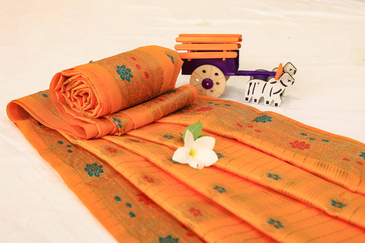 Soft Silk Saree With Gold Zari Floral Border, Artistic Buttas And Running Blouse