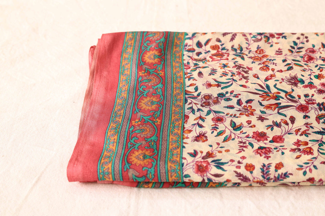 Soft Chiffon Saree with Floral Printed Design, Contrast Border, and Contrast Blouse