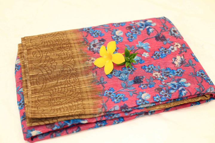 Synthetic Cotton Saree With Floral Designs, Brown Border, And Plain Blouse