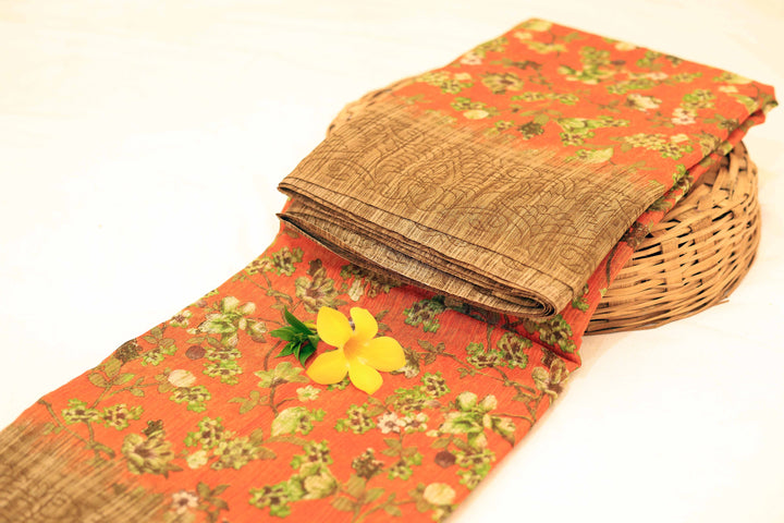 Synthetic Cotton Saree With Floral Designs, Brown Border, And Plain Blouse