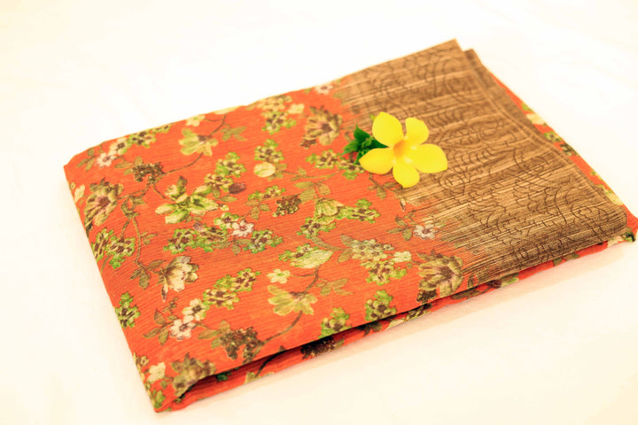 Synthetic Cotton Saree With Floral Designs, Brown Border, And Plain Blouse