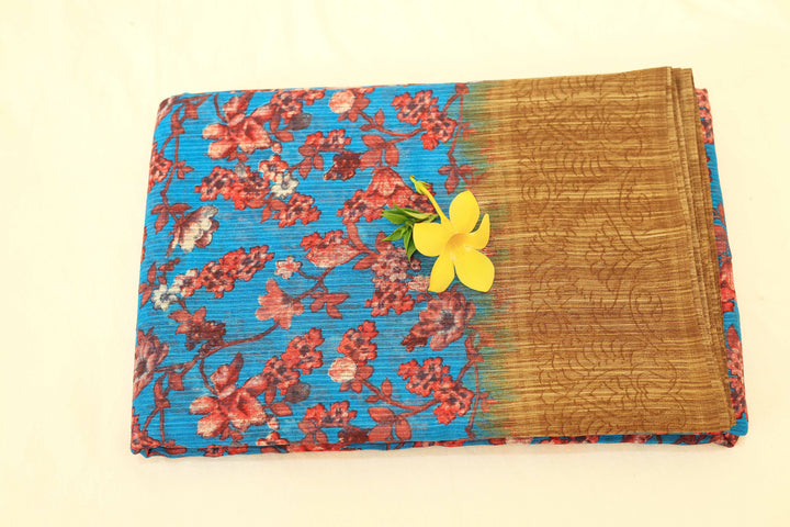 Synthetic Cotton Saree With Floral Designs, Brown Border, And Plain Blouse