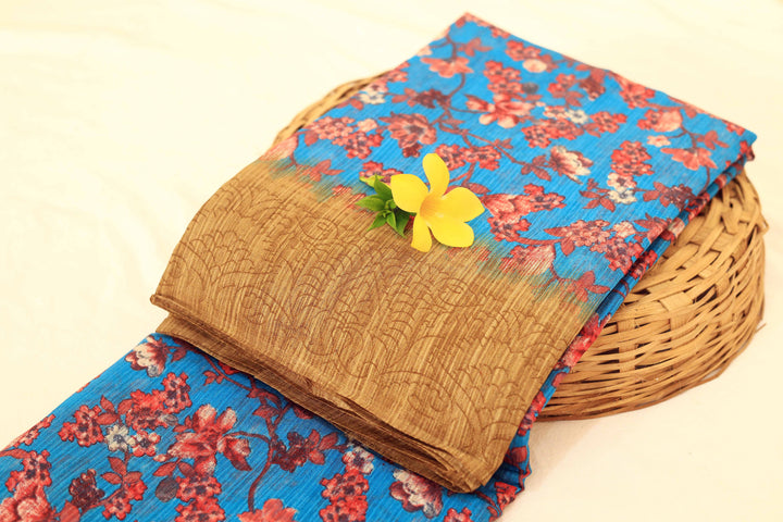 Synthetic Cotton Saree With Floral Designs, Brown Border, And Plain Blouse