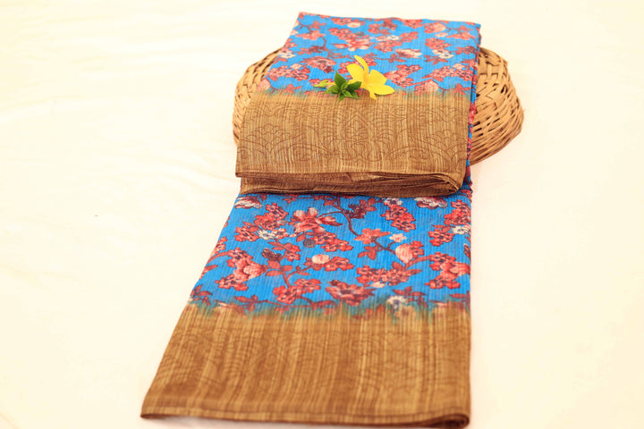 Synthetic Cotton Saree With Floral Designs, Brown Border, And Plain Blouse