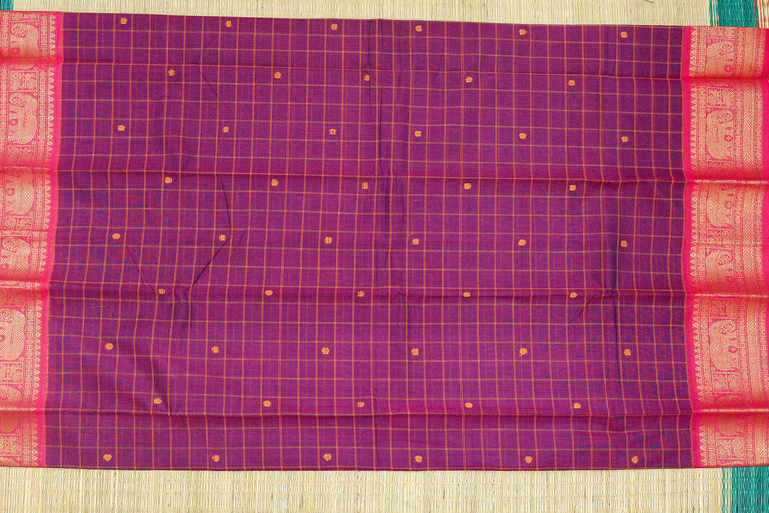 Kanchi Cotton Saree with Checked Design and Buttas – No Blouse Piece