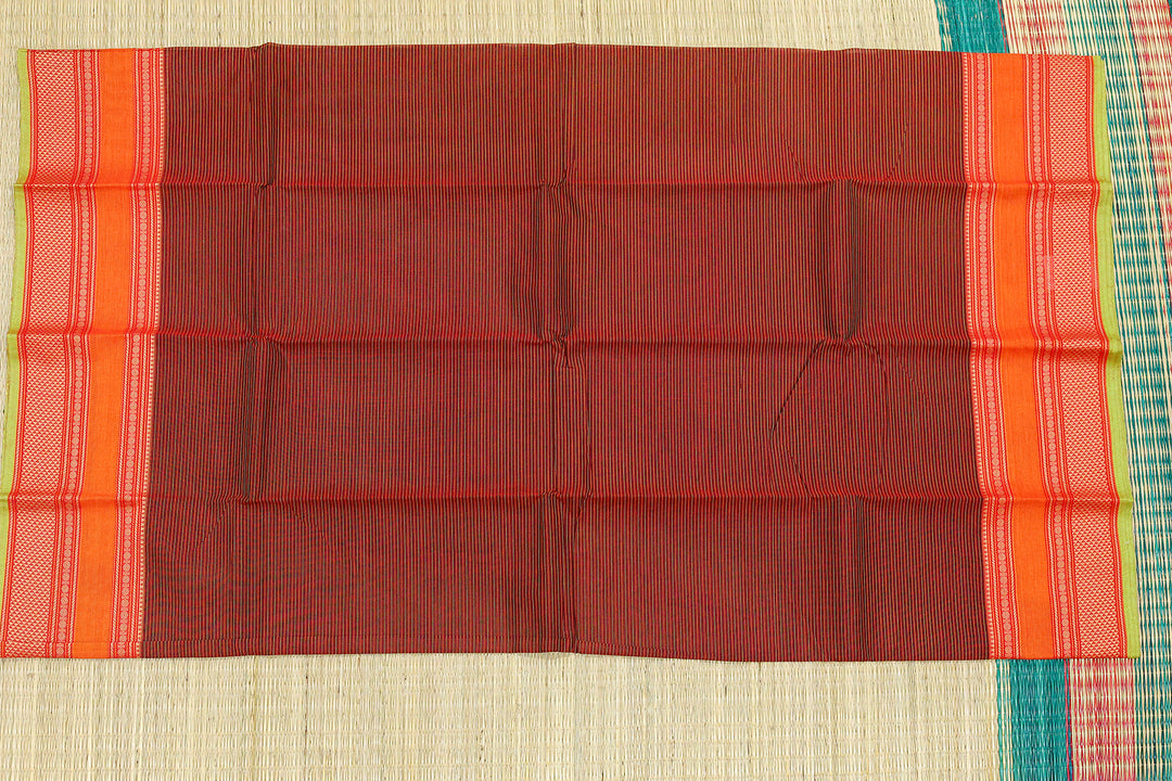 Kanchi Chettinad Cotton Saree with Stripes and Traditional Border (No Blouse Piece)