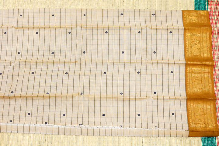 Kanchi Cotton Saree with Checked Design and Buttas – No Blouse Piece