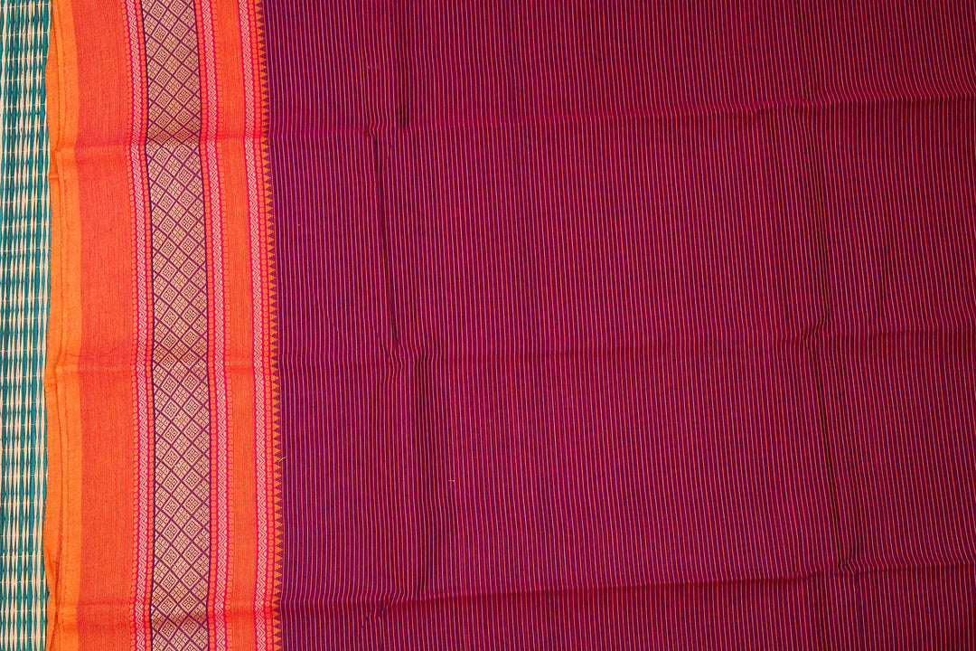 Kanchi  Cotton Saree with Stripes and Traditional Chettinad Border (No Blouse Piece)