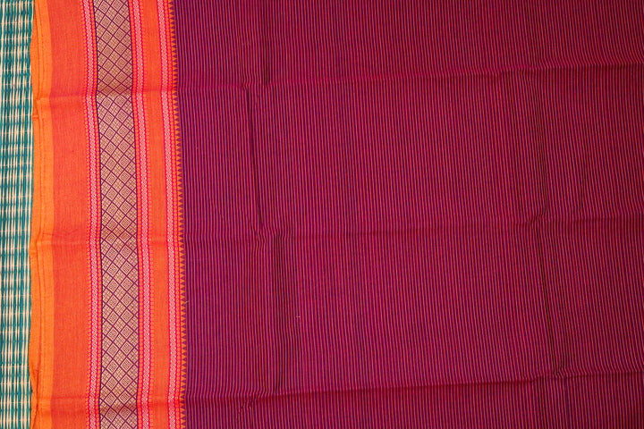 Kanchi  Cotton Saree with Stripes and Traditional Chettinad Border (No Blouse Piece)