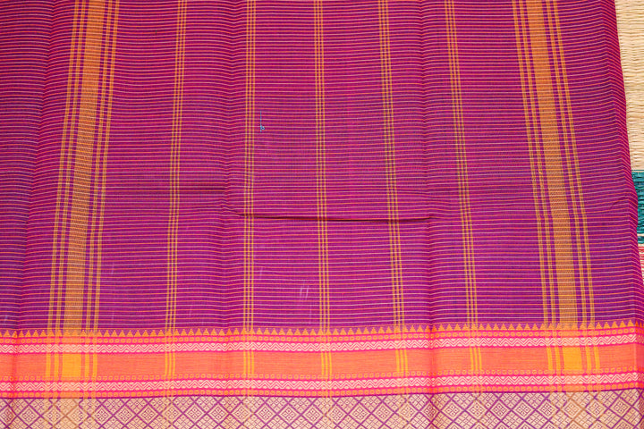 Kanchi  Cotton Saree with Stripes and Traditional Chettinad Border (No Blouse Piece)