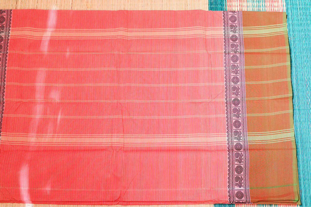 Kanchi Chettinad Cotton Saree with Stripes and Traditional Border (No Blouse Piece)