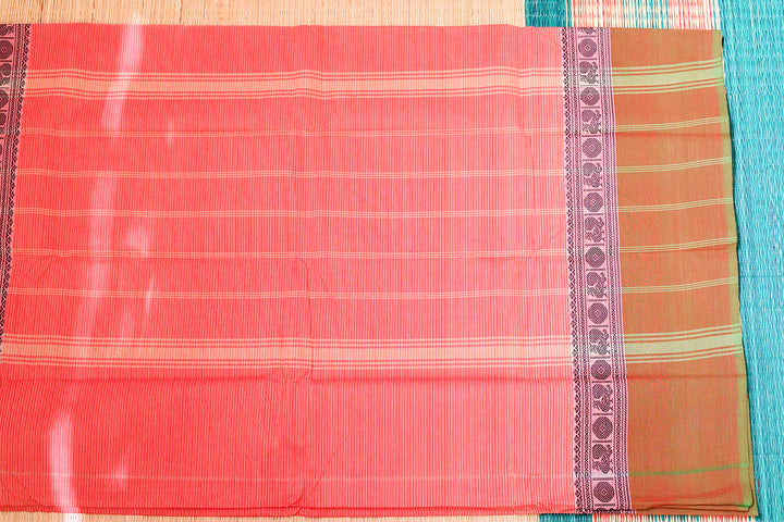 Kanchi Chettinad Cotton Saree with Stripes and Traditional Border (No Blouse Piece)