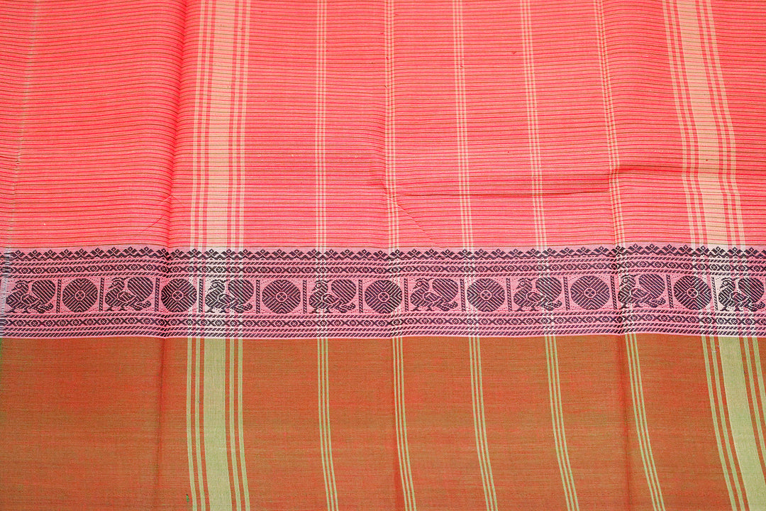 Kanchi Chettinad Cotton Saree with Stripes and Traditional Border (No Blouse Piece)