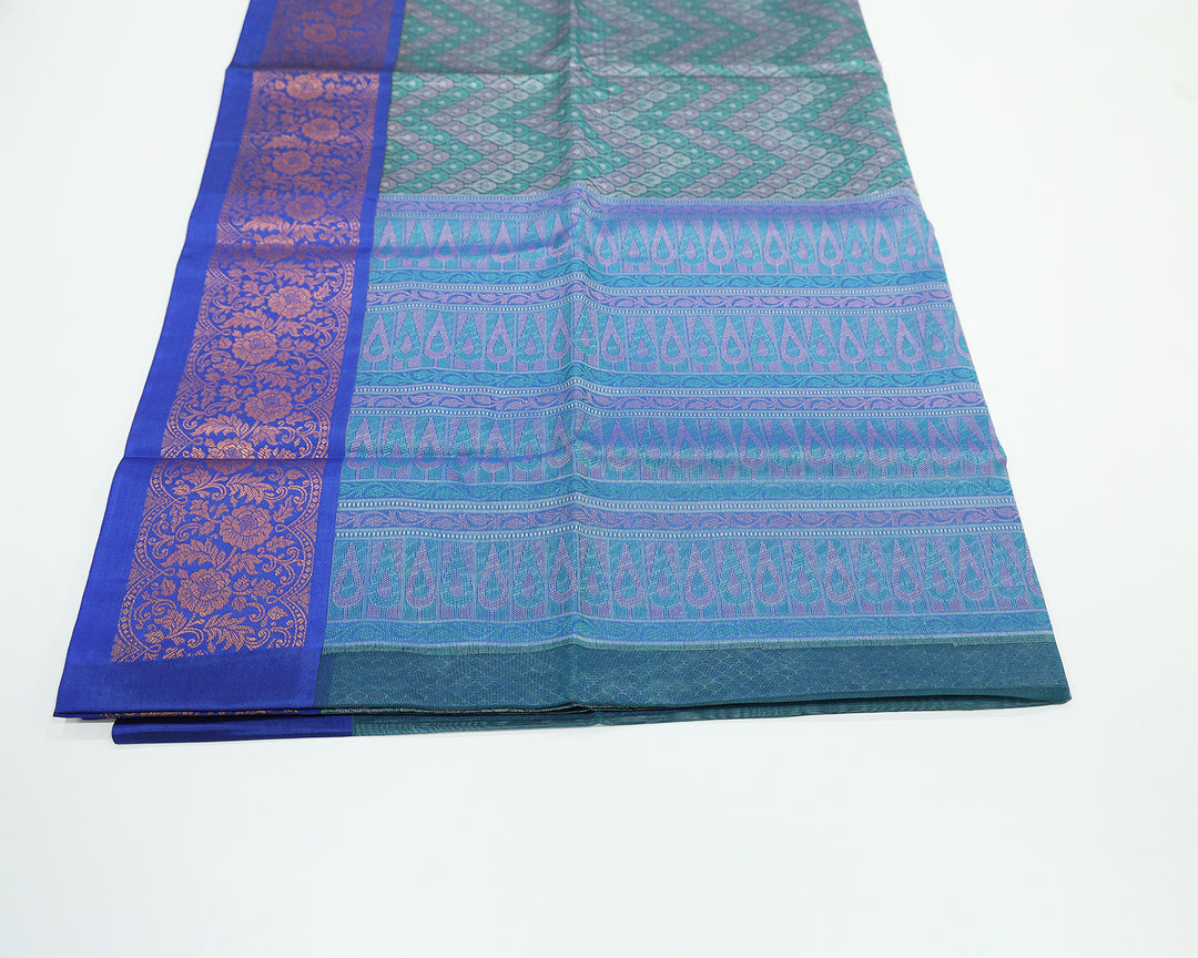 Peacock Green And Ink Blue Dupion Silk Saree With Golden Zari Floral And Leaf Motifs