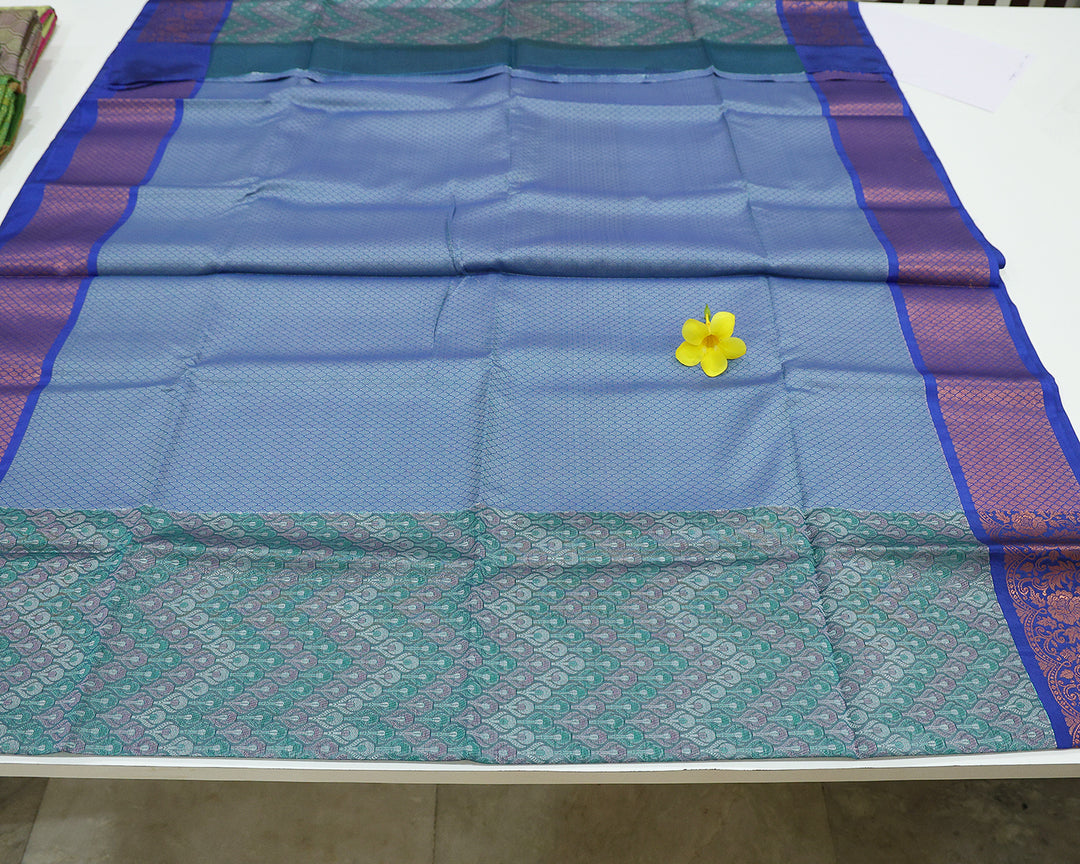 Peacock Green And Ink Blue Dupion Silk Saree With Golden Zari Floral And Leaf Motifs