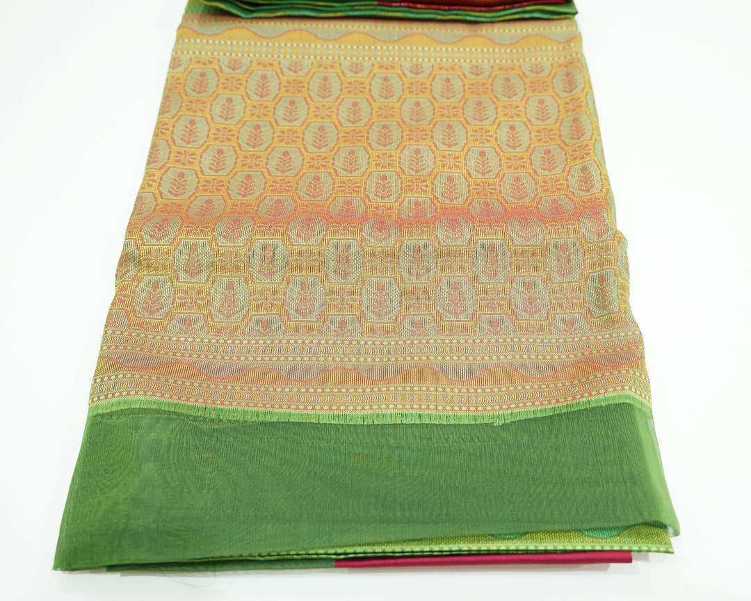 Parrot Green Dupion Silk Saree With Rani Pink Border And Gold Zari Leaf Design, Adorned With Wavy Stripe Patterns