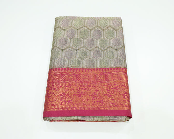 Brown Dupion Silk Saree With Rani Pink Border And Golden Zari Floral Designs, Adorned With Honeycomb Patterns