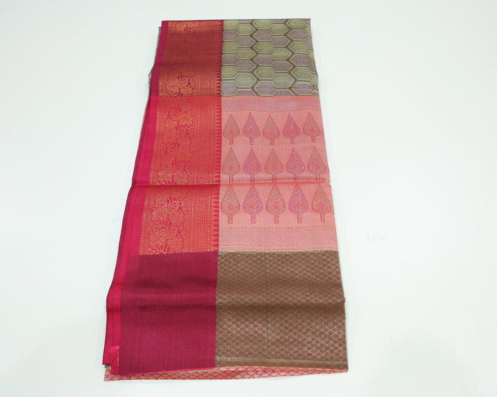 Brown Dupion Silk Saree With Rani Pink Border And Golden Zari Floral Designs, Adorned With Honeycomb Patterns