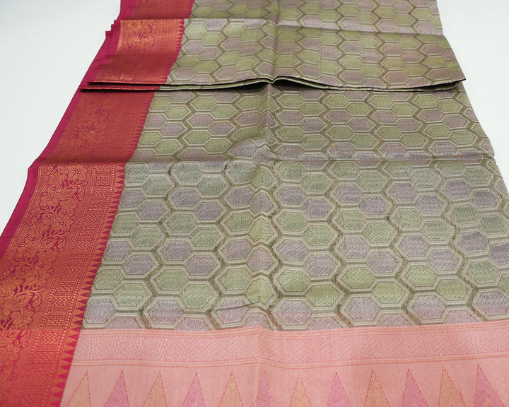 Brown Dupion Silk Saree With Rani Pink Border And Golden Zari Floral Designs, Adorned With Honeycomb Patterns