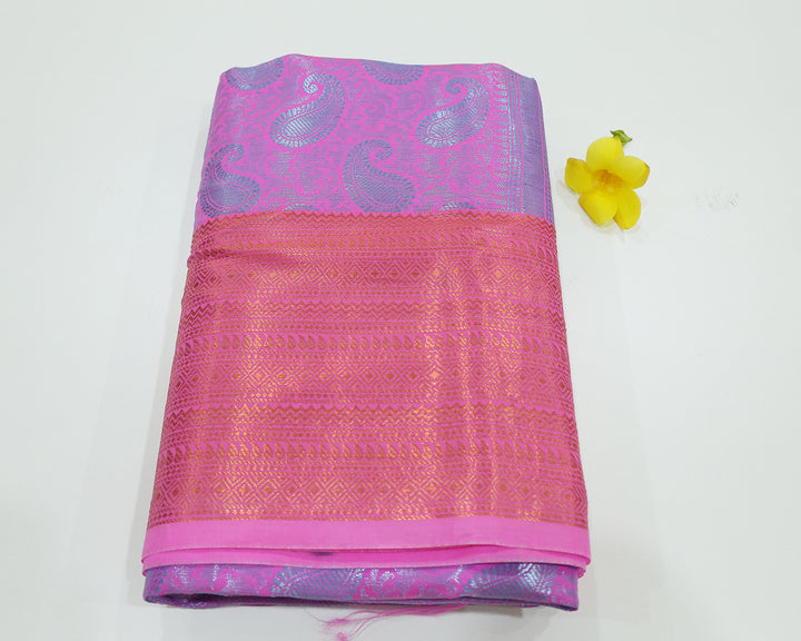 Ultra Pink Saree With Blue Zari Mango Designs And Copper Zari Border, Accompanied By Checked Square Zari Pattern Blouse