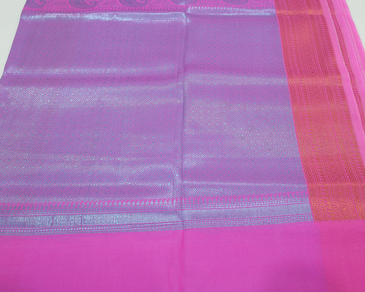 Ultra Pink Saree With Blue Zari Mango Designs And Copper Zari Border, Accompanied By Checked Square Zari Pattern Blouse