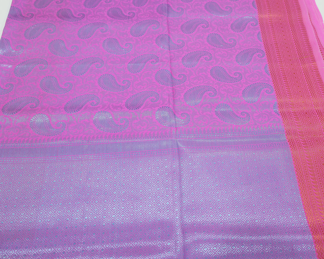 Ultra Pink Saree With Blue Zari Mango Designs And Copper Zari Border, Accompanied By Checked Square Zari Pattern Blouse