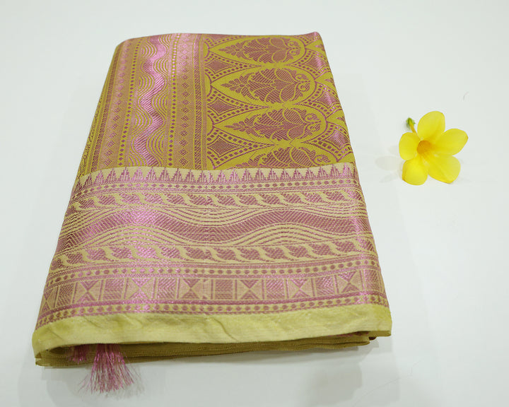 Dupion Silk Saree With Intricate Pink Zari Designs And Rich Pallu, Enhanced By Matching Blouse With Pink Zari Patterns