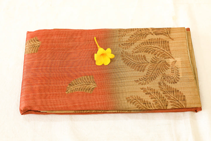 Silk Cotton Saree in Orange with Sandal Leaf Border and Intricate Leaf Butta Design