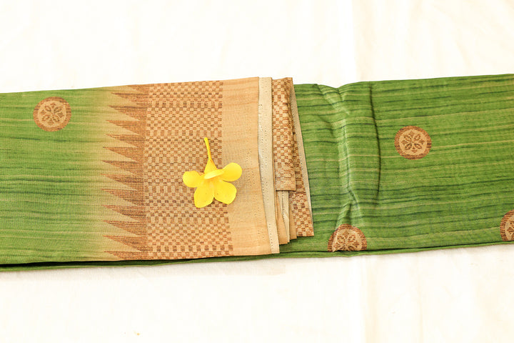 Light Green Silk Cotton Saree with Sandal Mosaic Design in Pallu and Round Motifs All Over