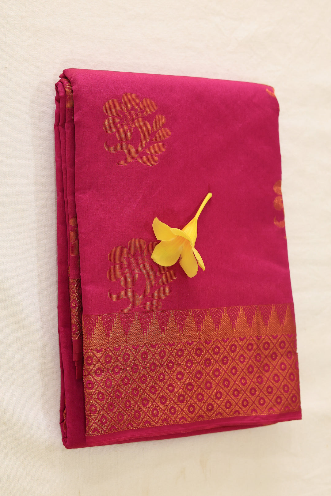 Hot Pink Silk Cotton Saree with Copper Zari Border and Floral Buttas