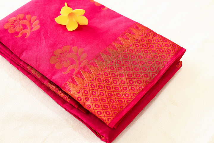 Hot Pink Silk Cotton Saree with Copper Zari Border and Floral Buttas