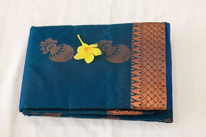 Royal Blue Silk Cotton Saree with Copper Zari Cloud Border and Pot Buttas