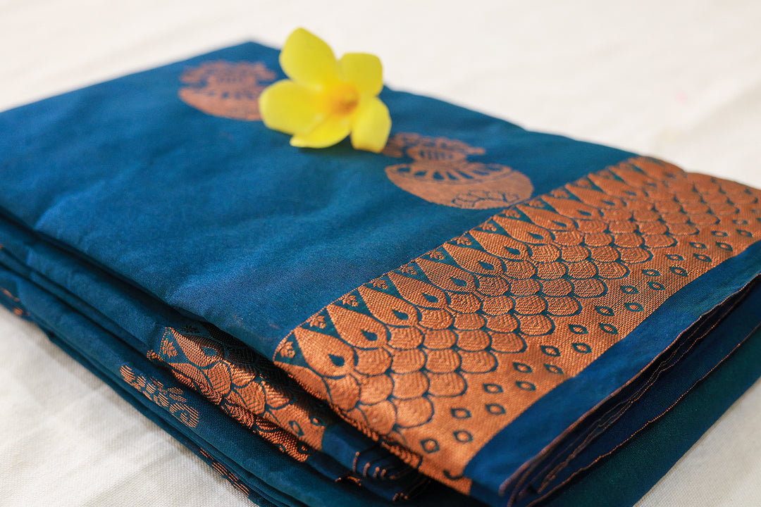 Royal Blue Silk Cotton Saree with Copper Zari Cloud Border and Pot Buttas