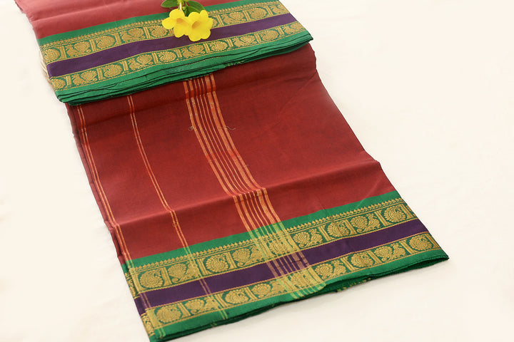 Maroon Cotton Saree with Dark Green Peacock and Mango Design Gold Zari Border