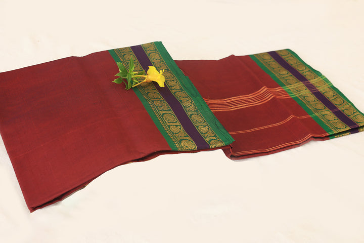 Maroon Cotton Saree with Dark Green Peacock and Mango Design Gold Zari Border